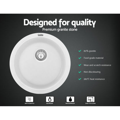 Cefito Stone Kitchen Sink Round 430MM Granite Under/Topmount Basin Bowl Laundry White | Auzzi Store