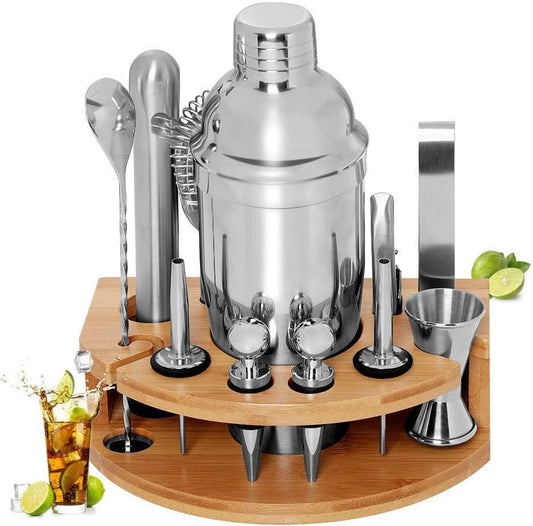 Cocktail Shaker Set Bartender Kit with Bamboo frame and 12 Pieces Stainless Steel Bar Tool Set | Auzzi Store