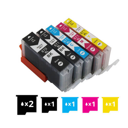 Compatible Premium 6 Pack PGI-670XL, CLI-671XL Inkjet Combo [2BK,1PBK,1C,1M,1Y] - for use in Canon Printers | Auzzi Store