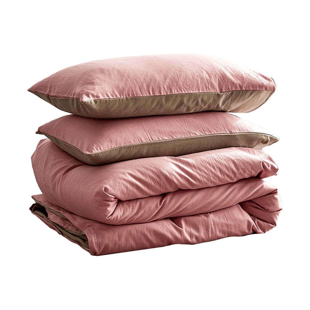 Cosy Club Washed Cotton Quilt Set Pink Brown Double | Auzzi Store