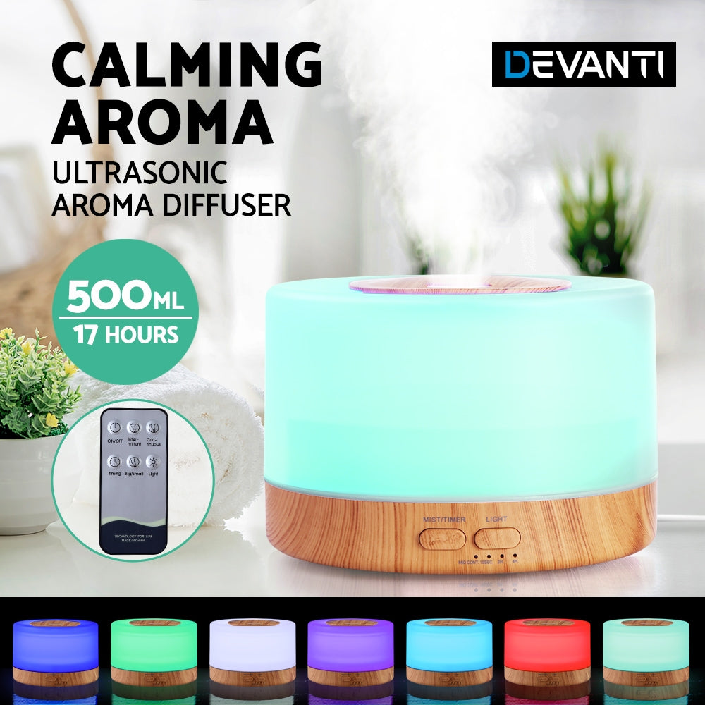 DEVANTI Aroma Diffuser Aromatherapy LED Night Light Air Humidifier Purifier Round Light Wood Grain 500ml Remote Control | Auzzi Store