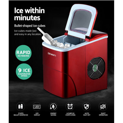 DEVANTi Portable Ice Cube Maker Machine 2L Home Bar Benchtop Easy Quick Red | Auzzi Store