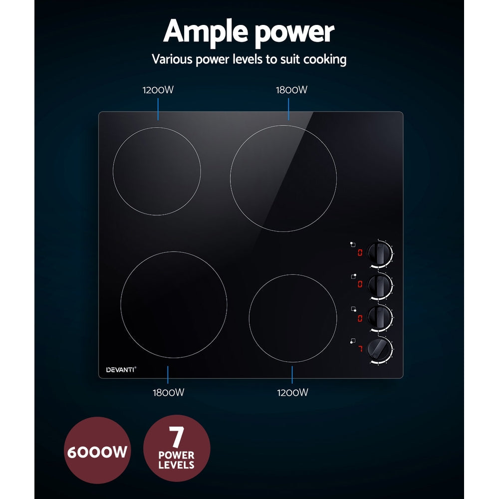 Devanti Ceramic Cooktop 60cm Electric Kitchen Burner Cooker 4 Zone Knobs Control | Auzzi Store