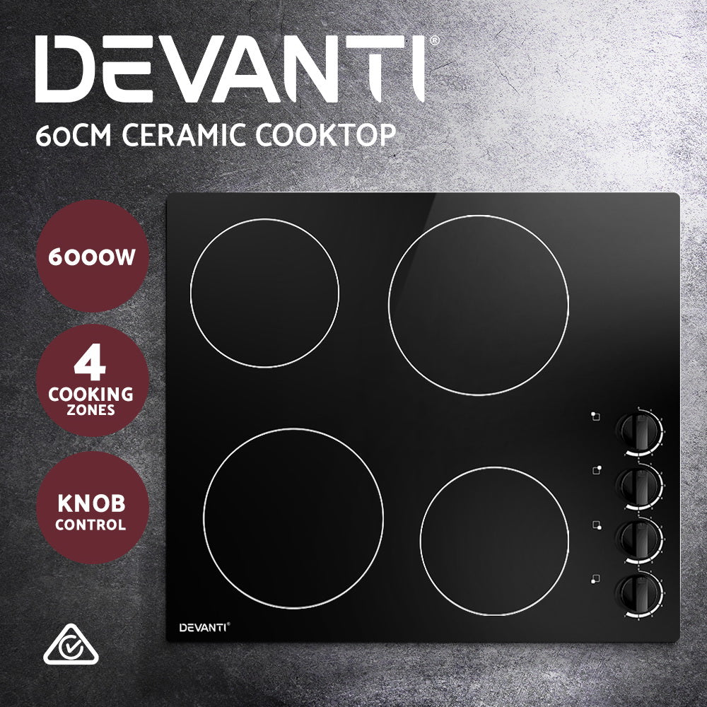 Devanti Ceramic Cooktop 60cm Electric Kitchen Burner Cooker 4 Zone Knobs Control | Auzzi Store