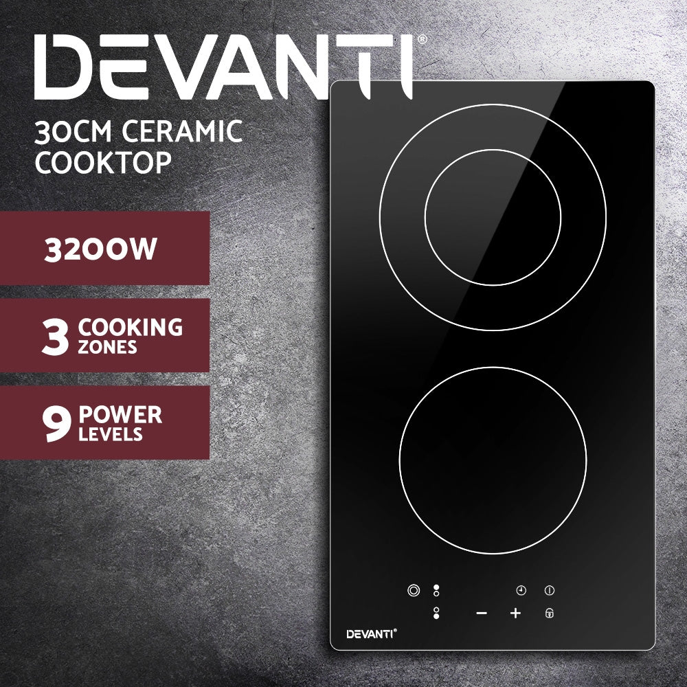 Devanti Electric Ceramic Cooktop 30cm Kitchen Cooker Cook Top Hob Touch Control 3-Zones | Auzzi Store