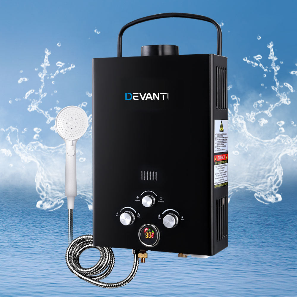 Devanti Outdoor Gas Hot Water Heater Portable Camping Shower 12V Pump Black | Auzzi Store