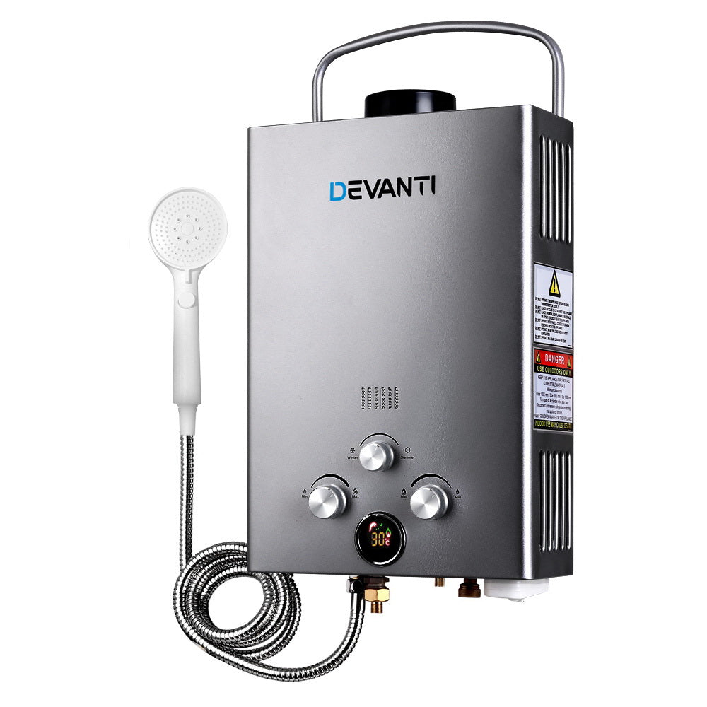 Devanti Outdoor Gas Hot Water Heater Portable Camping Shower 12V Pump Grey | Auzzi Store