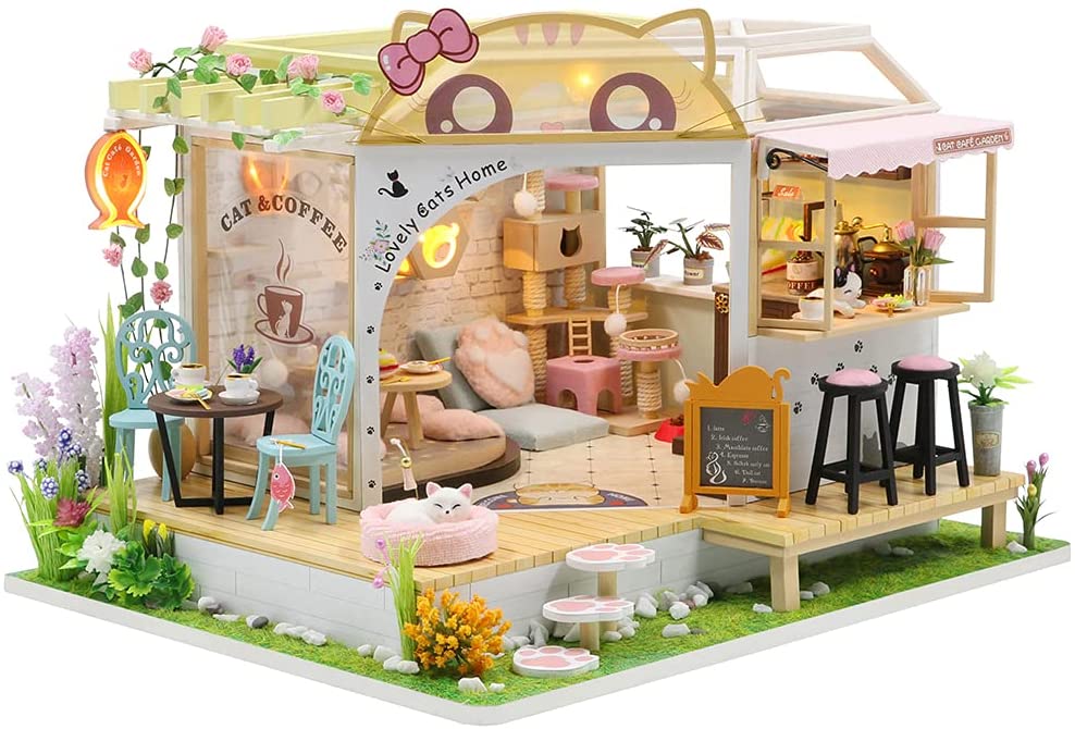 Dollhouse Miniature with Furniture Kit Plus Dust Proof and Music Movement - Cat Coffee (Valentine's Day Gift Idea) | Auzzi Store