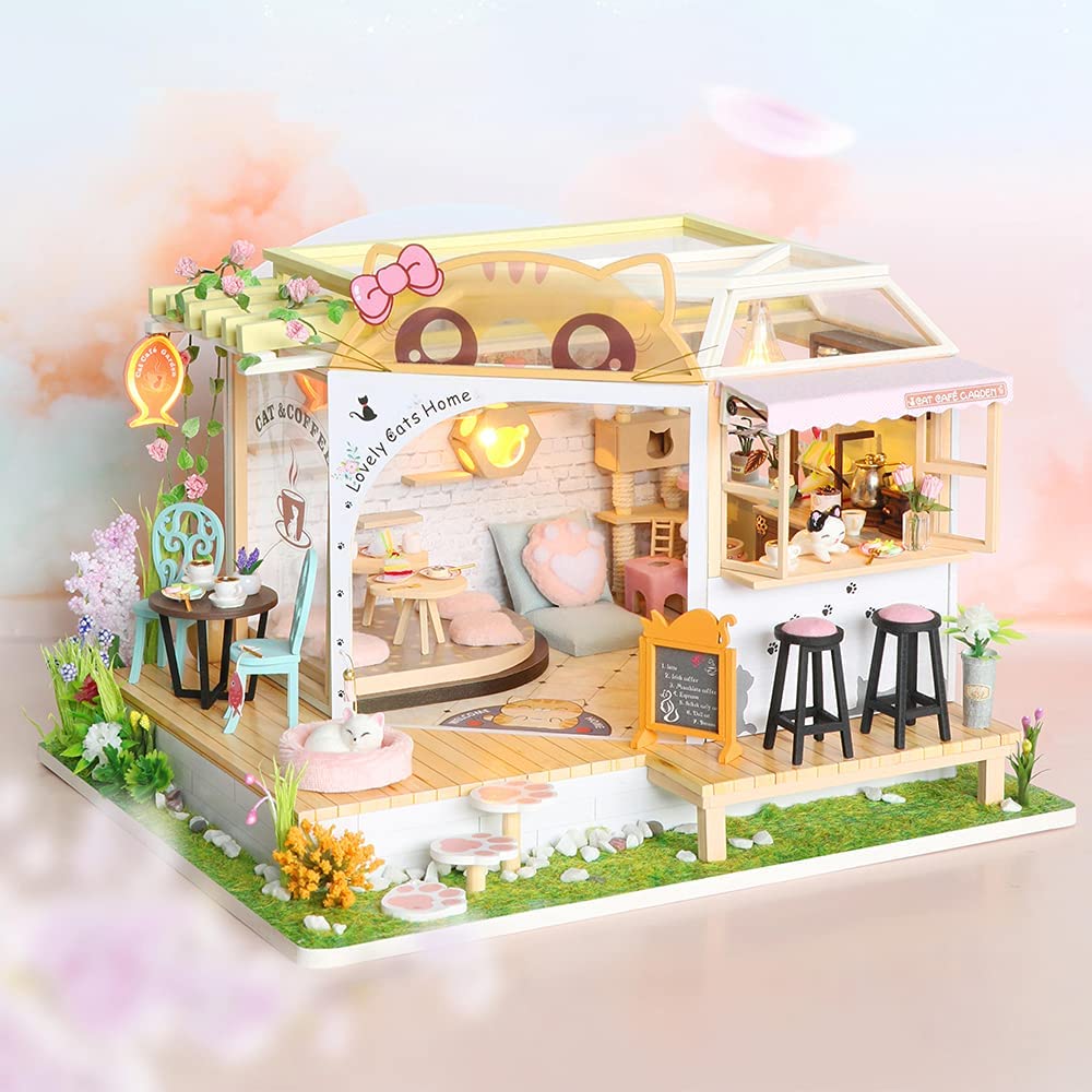 Dollhouse Miniature with Furniture Kit Plus Dust Proof and Music Movement - Cat Coffee (Valentine's Day Gift Idea) | Auzzi Store