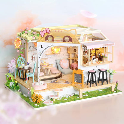 Dollhouse Miniature with Furniture Kit Plus Dust Proof and Music Movement - Cat Coffee (Valentine's Day Gift Idea) | Auzzi Store