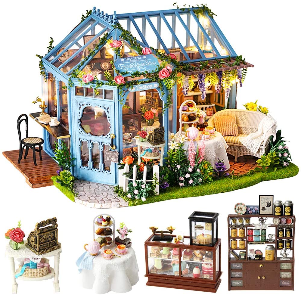 Dollhouse Miniature with Furniture Kit Plus Dust Proof and Music Movement - Rosa Garden Tea | Auzzi Store