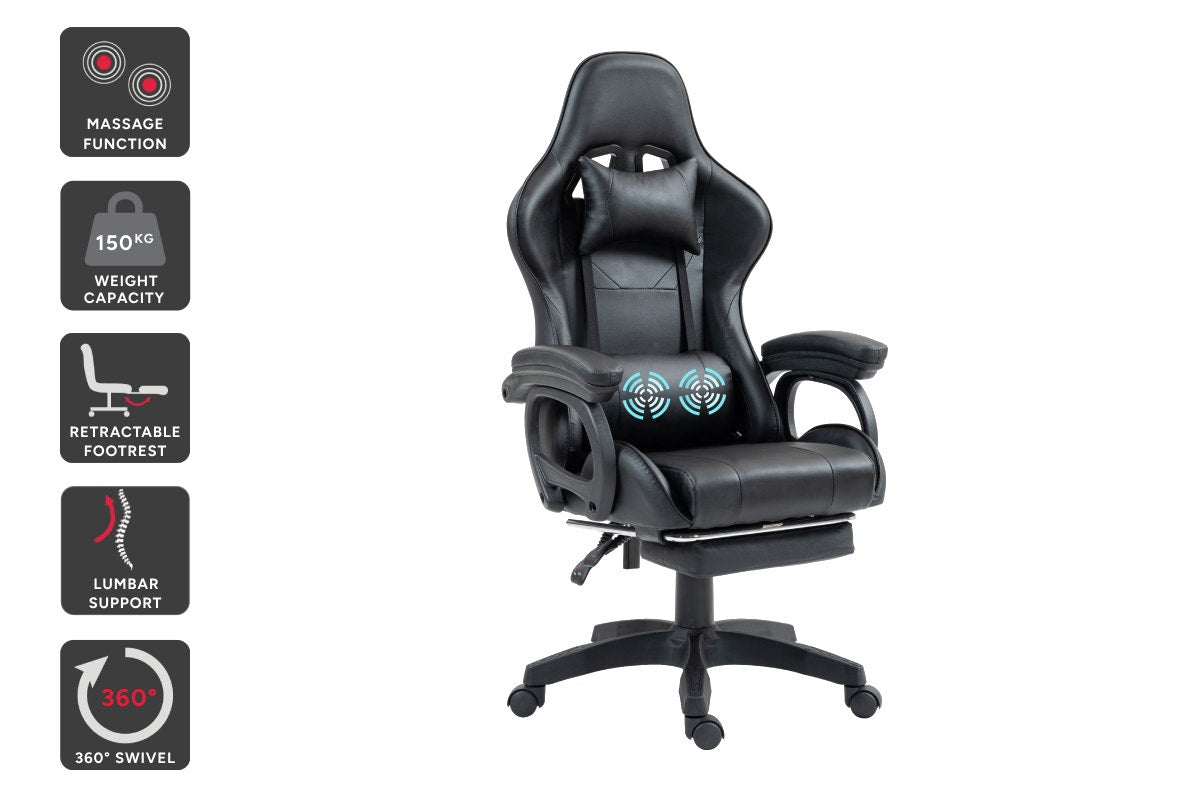 Ergolux Meta Massage Gaming Chair with Footrest (Black)