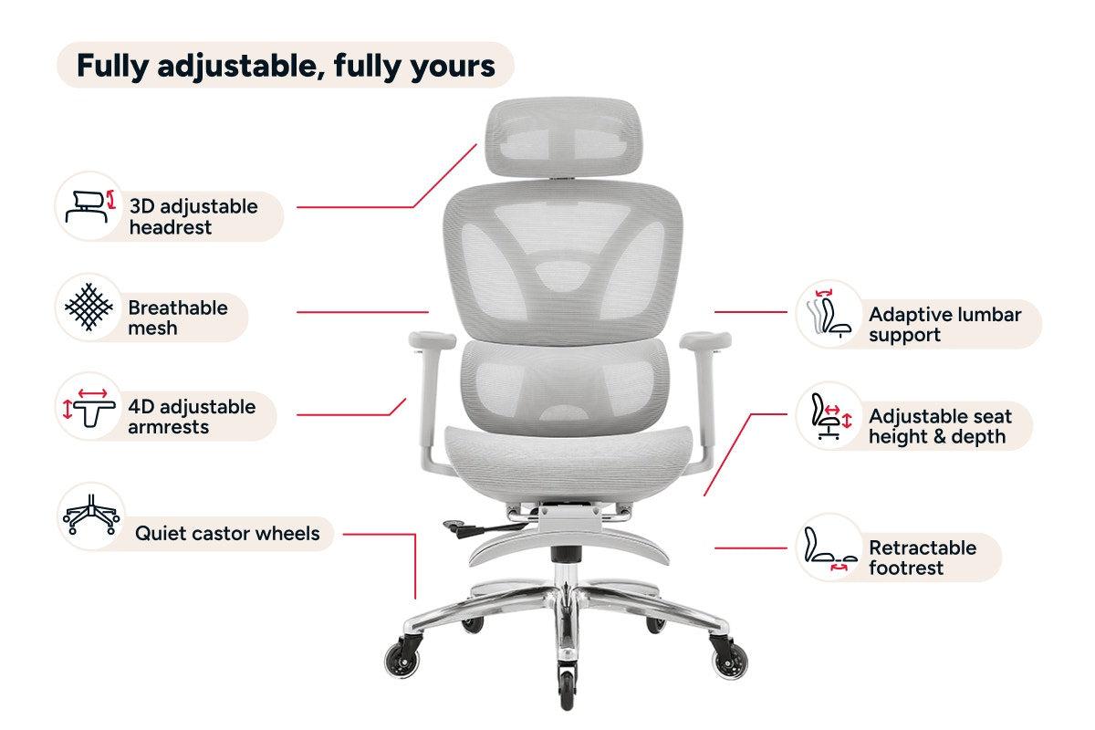 Ergolux Pro Ergonomic Mesh Office Chair with Footrest (Grey)