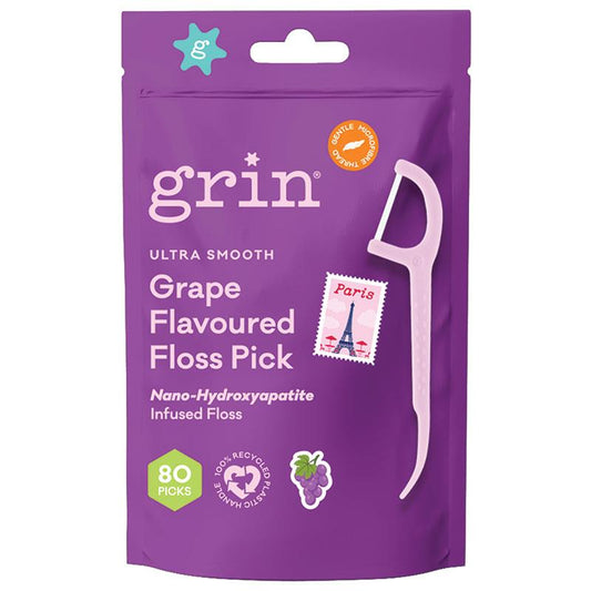 Grin Ultra Smooth Grape Flavoured Floss Picks - 80 Pack for Fun Oral Care