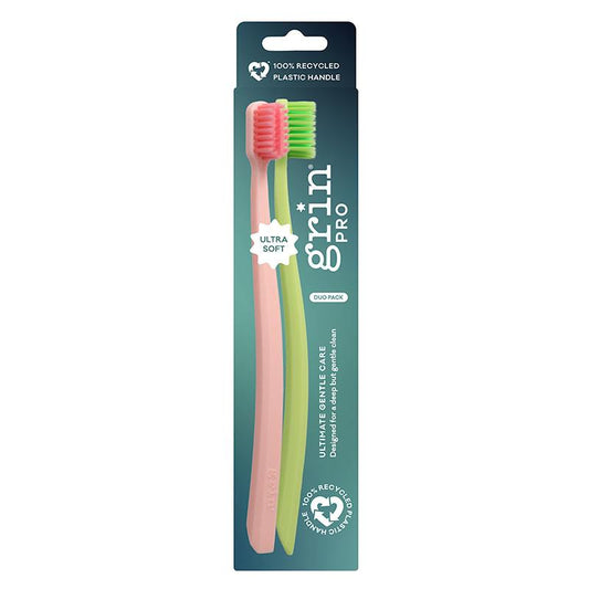 Grin Recycled Toothbrush Pro Ultimate Gentle Care Green & Pink Ultra Soft 2 Pack - Gentle Care for Sensitive Mouths