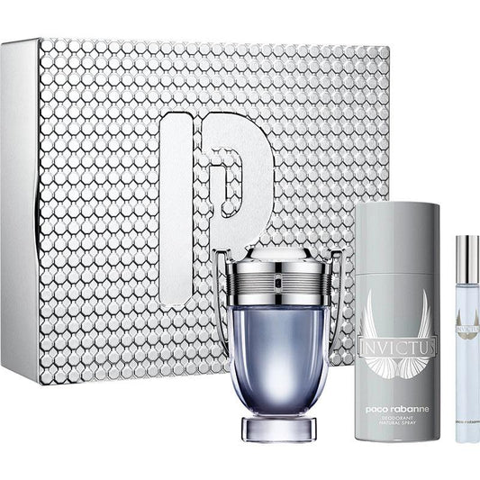 Paco Rabanne Invictus Eau de Toilette 100ml + 150ml Deodorant Spray + 10ml Travel Spray - 3 Piece Set - Auzzistore