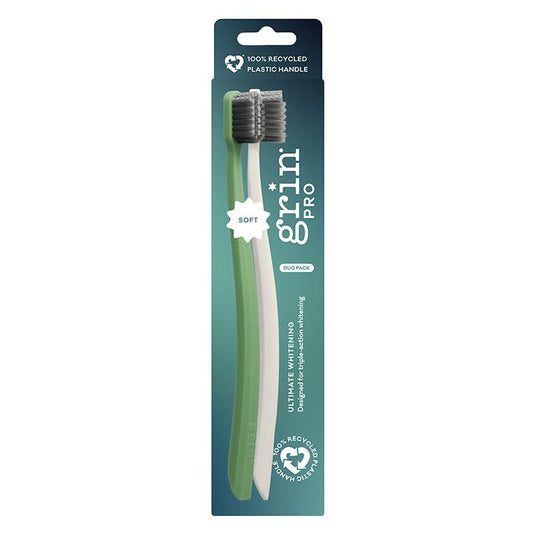 Grin Recycled Toothbrush Pro Ultimate Whitening Green & White Soft 2 Pack - Brighten Your Smile Naturally