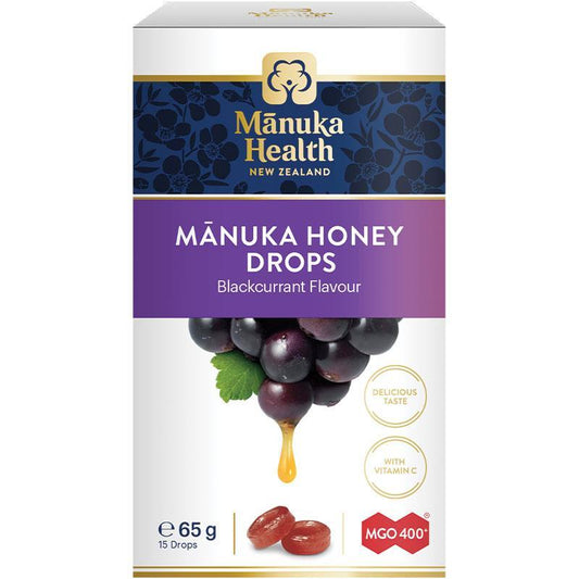 Manuka Health Manuka Honey Drops Blackcurrant 15 Pack 65g - Soothing Lozenges with Vitamin C - Auzzi Store