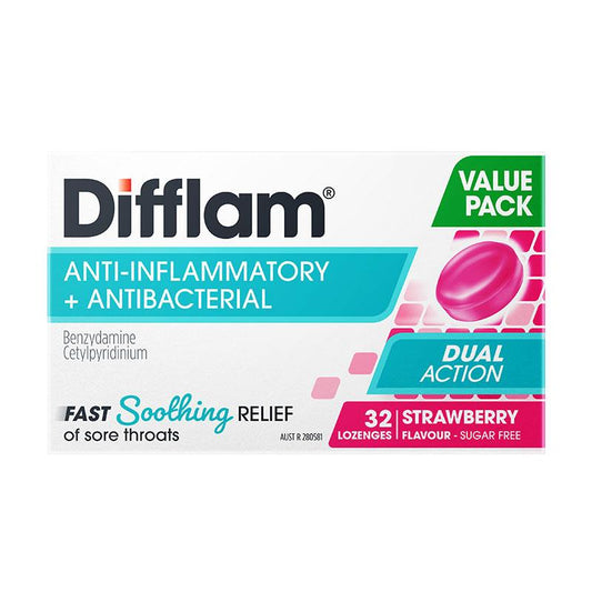 Difflam Dual Action Strawberry 32 Lozenges - Soothing Sore Throat Relief