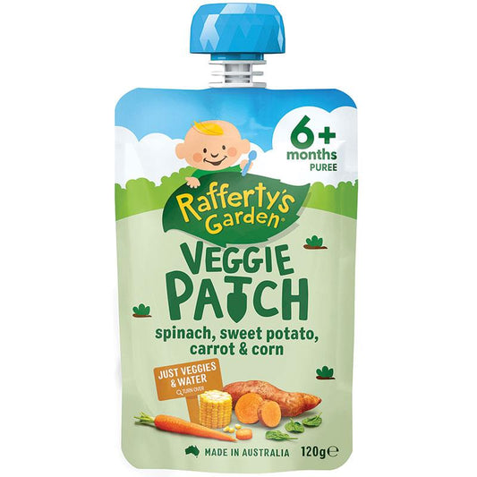 Raffertys Garden Veggie Patch Spinach Sweet Potato Carrot & Corn Baby Food Pouch 6 Months 120g - Nutritious Veggie Goodness!