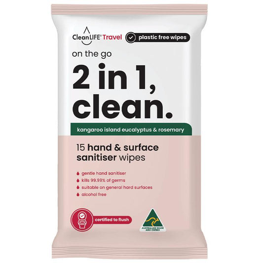 CleanLIFE 2 in 1 Clean Wipes - 15 Pack