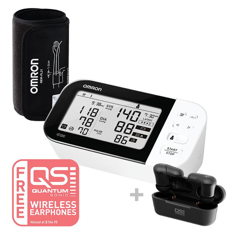 Omron HEM7361T Blood Pressure + AFIB Monitor Bluetooth + Bonus Quantum Sonic QSE100 Wireless Earphones