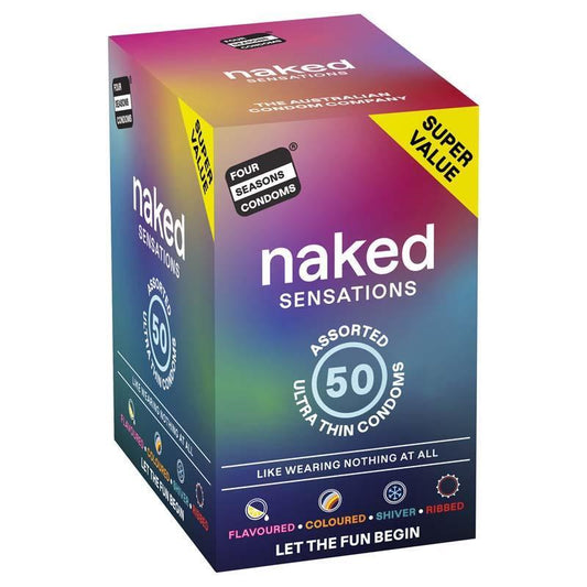 Four Seasons Naked Sensations Condoms 50-pieces– Flavored, Ribbed & Shiver