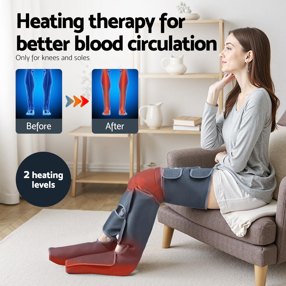 Livemor Air Compression Leg Massager with Heat, 3 Modes, Adjustable Wrap, Grey, FOOT-MASSAGE-01-BK