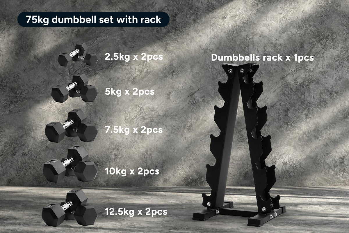Fortis 2.5-12.5kg Hex Dumbbell Set with Rack (5 Pairs)