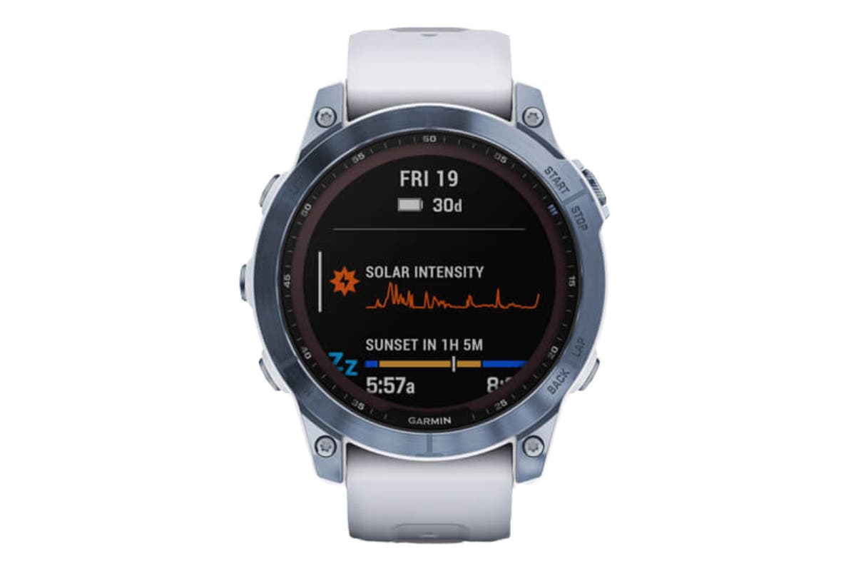 Garmin fenix 7 Sapphire Solar, Mineral Blue DLC Titanium with Whitestone Band, GPS Smart Sports Watch