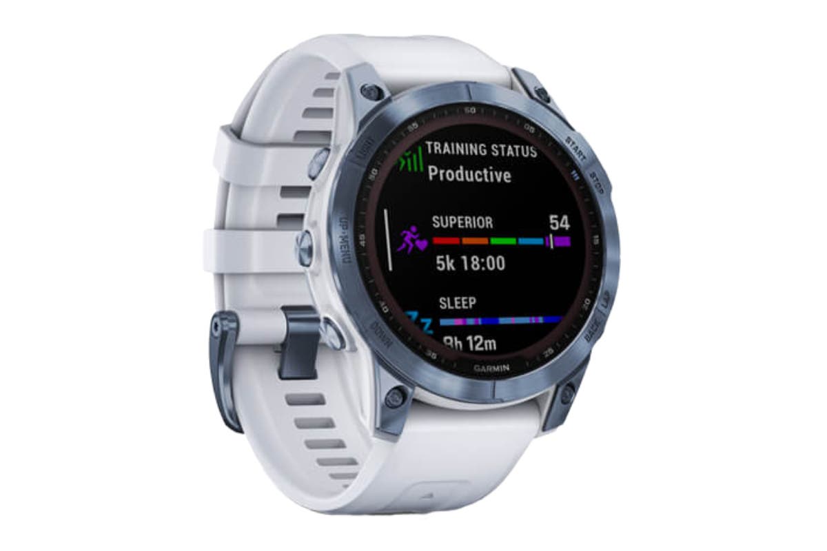Garmin fenix 7 Sapphire Solar, Mineral Blue DLC Titanium with Whitestone Band, GPS Smart Sports Watch