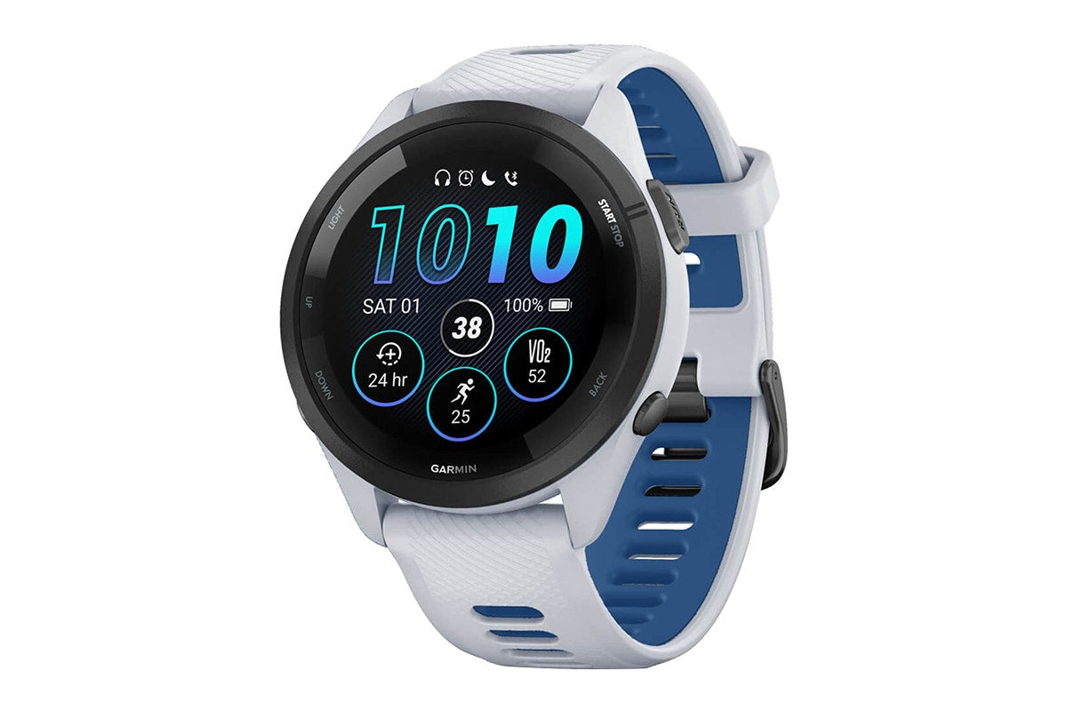 Garmin Forerunner 265 Smart Sports Watch (Black with Whitestone/Tidal Blue Band, 46mm)