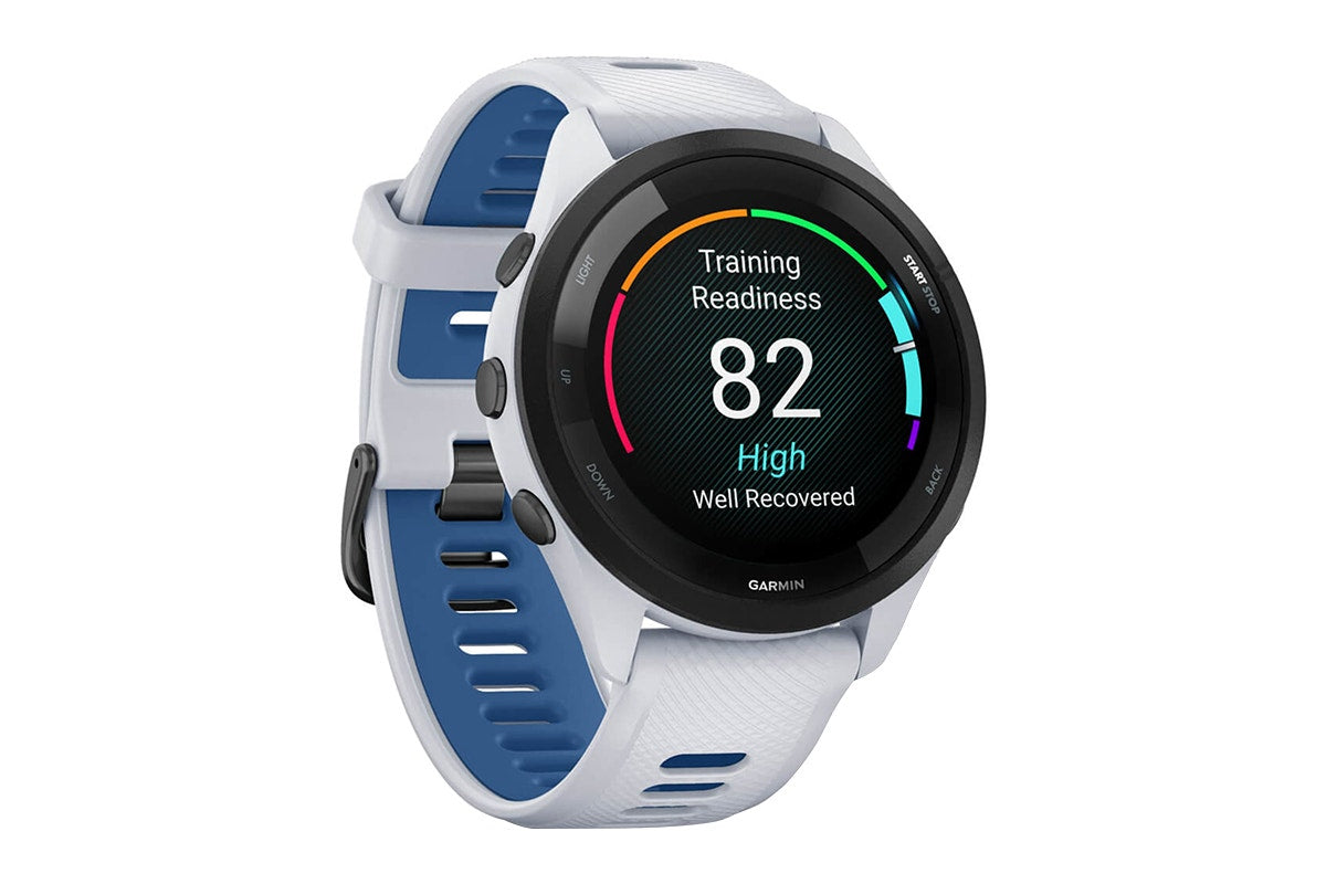 Garmin Forerunner 265 Smart Sports Watch (Black with Whitestone/Tidal Blue Band, 46mm)