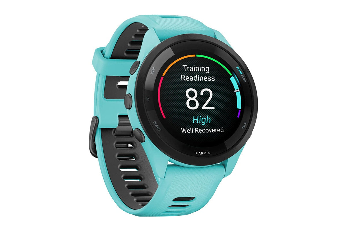 Garmin Forerunner 265 Smart Sports Watch (Black with Aqua/Black Band, 46mm)