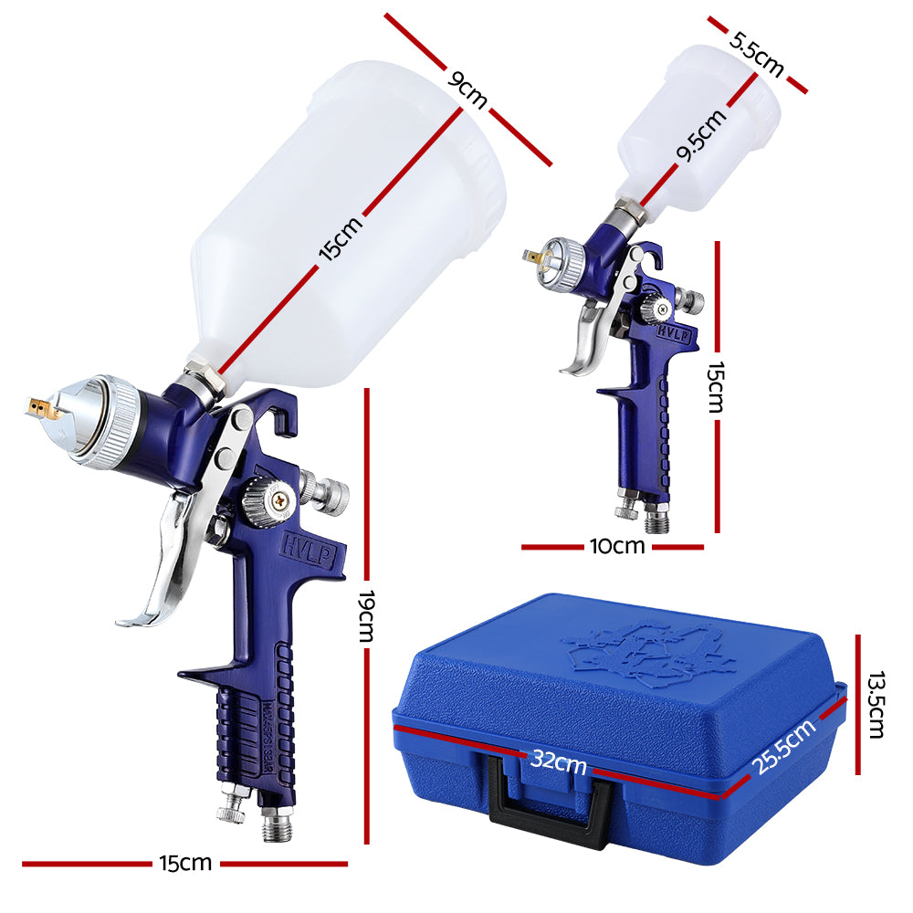 Giantz HVLP Spray Gun 2PC Set, 0.8mm & 1.4mm Nozzles, Stainless Steel, Lightweight, Blue, 600ml/125ml Cups
