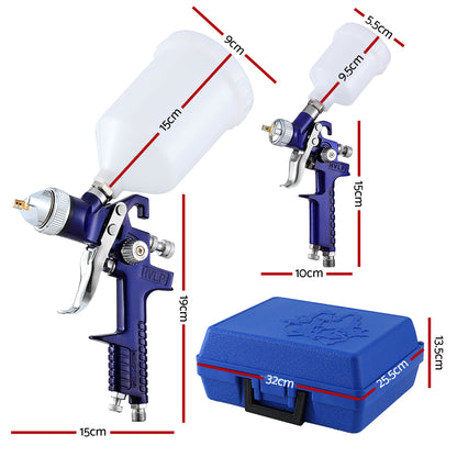 Giantz HVLP Spray Gun 2PC Set, 0.8mm & 1.4mm Nozzles, Stainless Steel, Lightweight, Blue, 600ml/125ml Cups