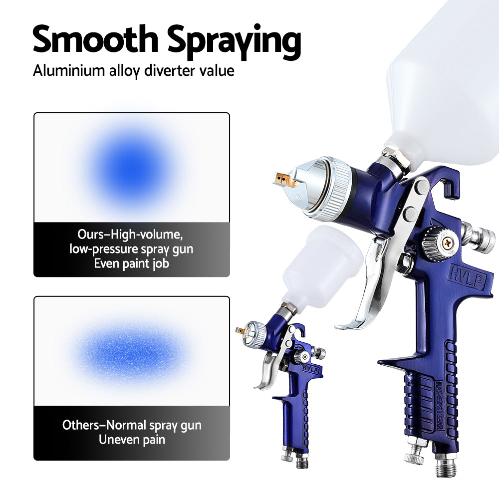 Giantz HVLP Spray Gun 2PC Set, 0.8mm & 1.4mm Nozzles, Stainless Steel, Lightweight, Blue, 600ml/125ml Cups