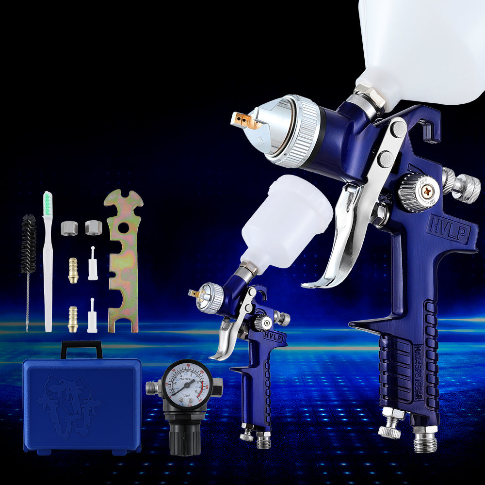 Giantz HVLP Spray Gun 2PC Set, 0.8mm & 1.4mm Nozzles, Stainless Steel, Lightweight, Blue, 600ml/125ml Cups