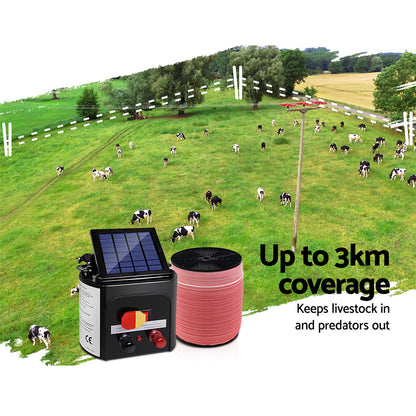 Giantz Electric Fence Energiser 3km Solar Powered Energizer Set + 1200m Tape | Auzzi Store