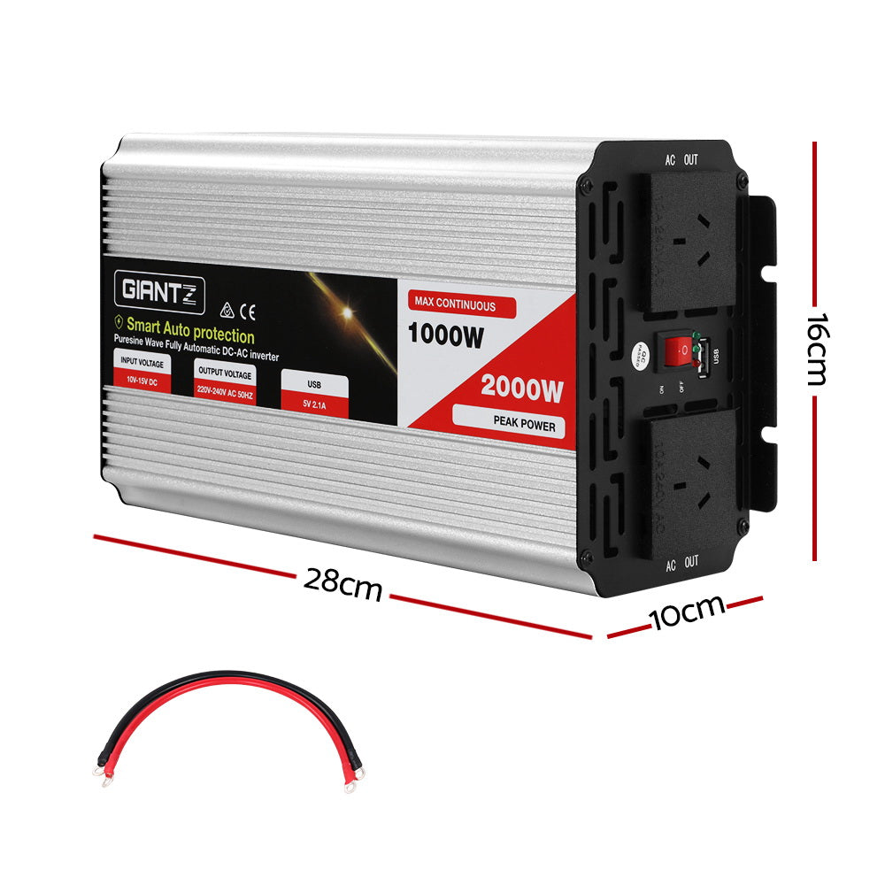 Giantz Power Inverter 1000W or 2000W Pure Sine Wave 12V-240V Camping Boat Caravan | Auzzi Store