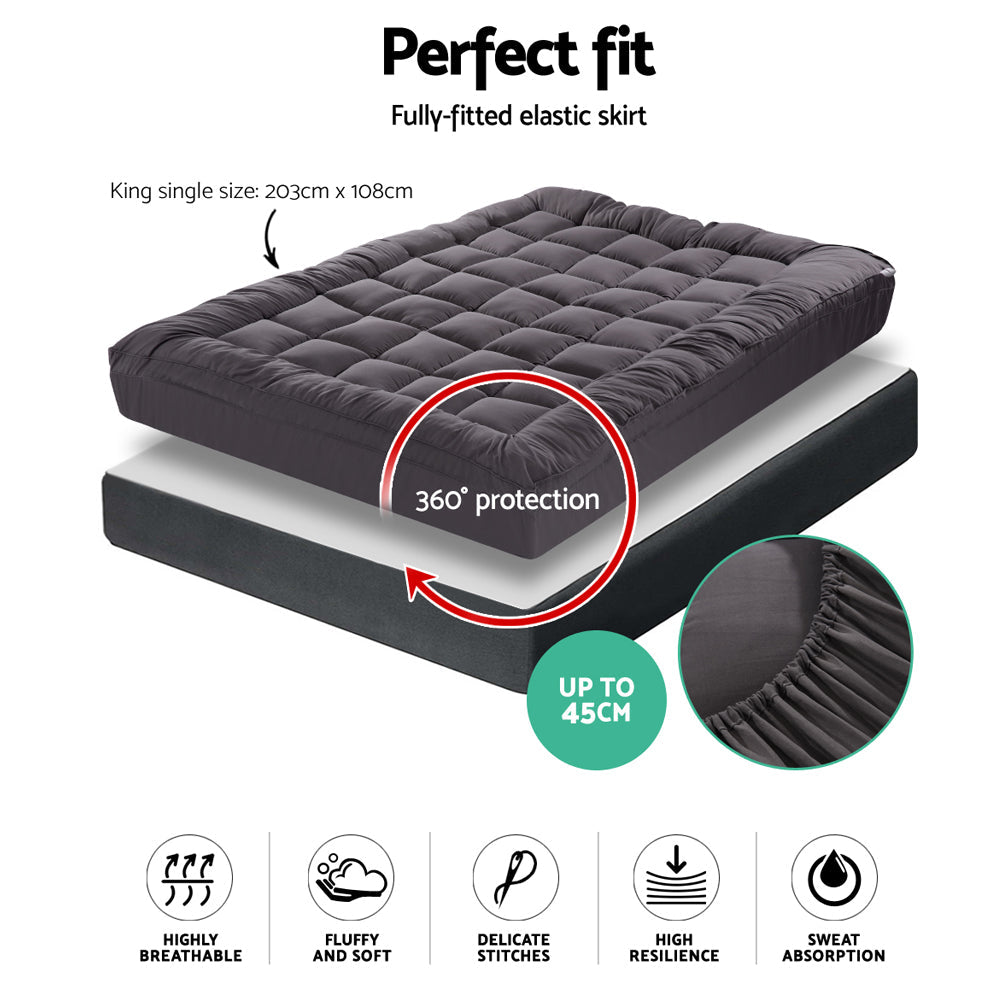 Giselle King Single Mattress Topper Pillowtop 1000GSM Charcoal Microfibre Bamboo Fibre Filling Protector | Auzzi Store