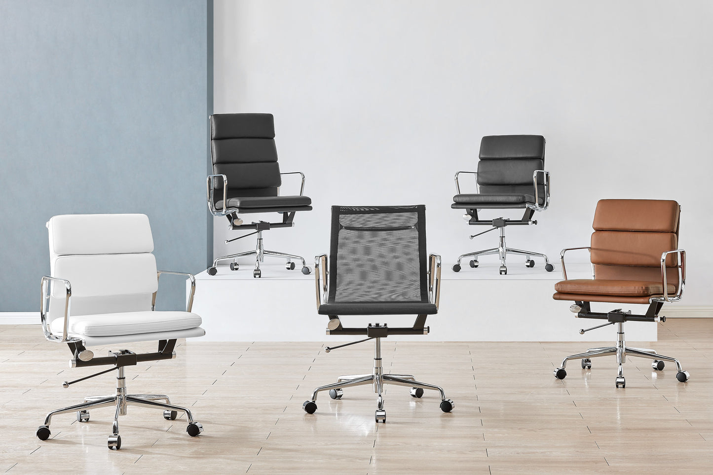 Matt Blatt Replica Eames Group Standard Aluminium Padded Low Back Office Chair  - Black Leather  White