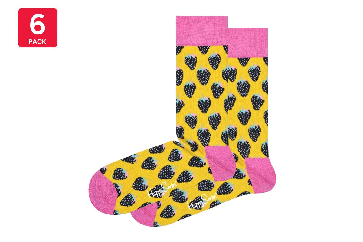 Happy Socks Strawberry Socks 6 Pack (Pink/Yellow/Black, Size 36-40)