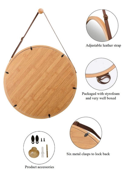 Hanging Round Wall Mirror 38 cm - Solid Bamboo Frame and Adjustable Leather Strap for Bathroom and Bedroom | Auzzi Store