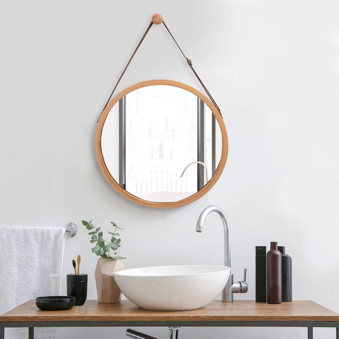 Hanging Round Wall Mirror 38 cm - Solid Bamboo Frame and Adjustable Leather Strap for Bathroom and Bedroom | Auzzi Store