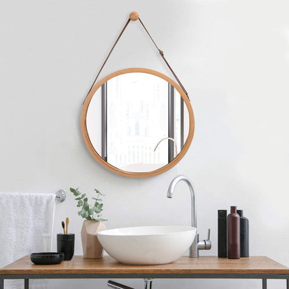 Hanging Round Wall Mirror 38 cm - Solid Bamboo Frame and Adjustable Leather Strap for Bathroom and Bedroom | Auzzi Store