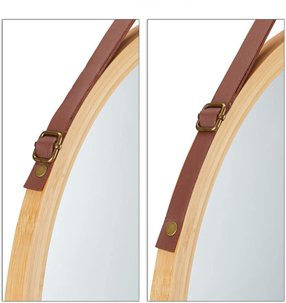 Hanging Round Wall Mirror 38 cm - Solid Bamboo Frame and Adjustable Leather Strap for Bathroom and Bedroom | Auzzi Store