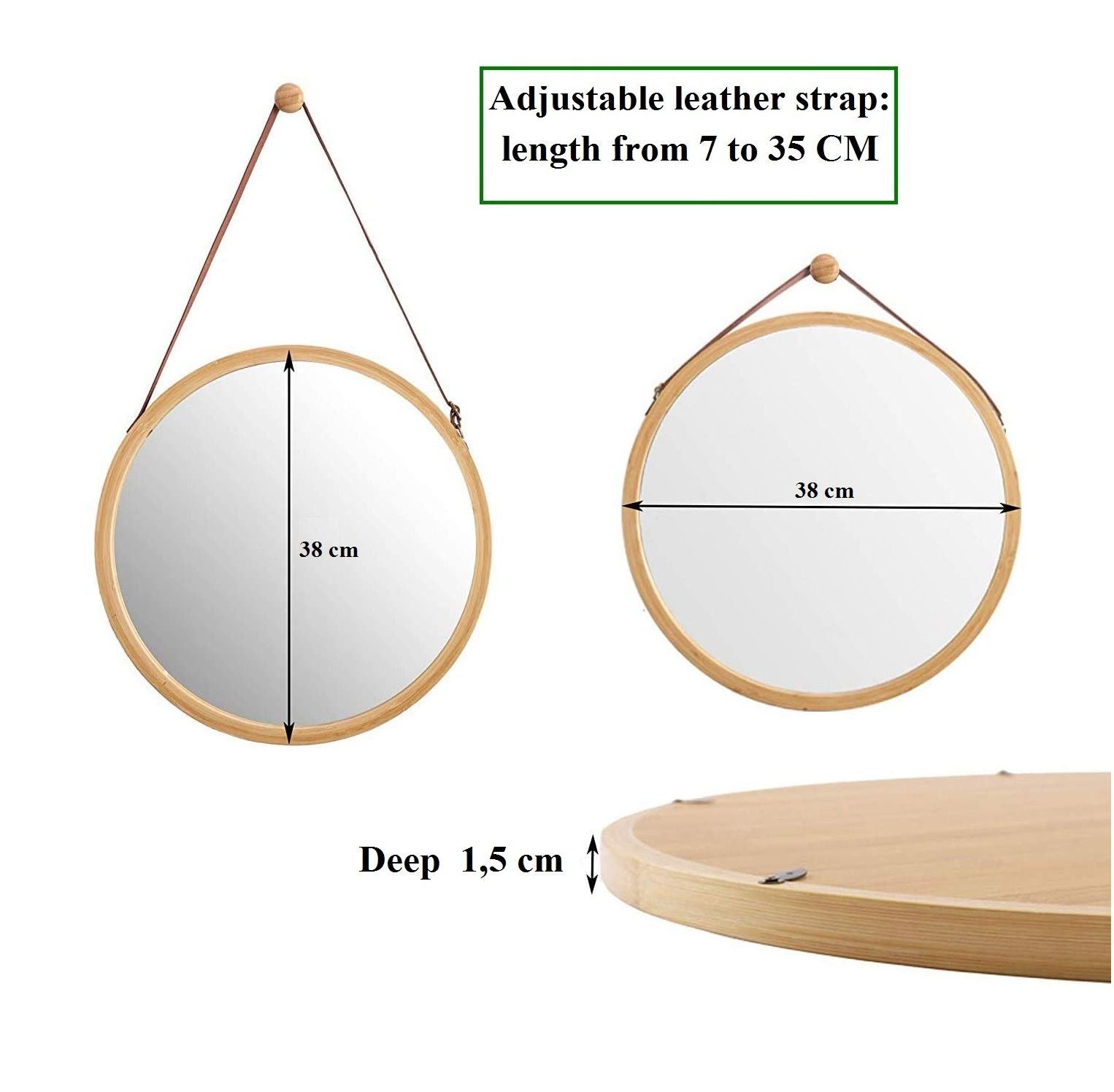 Hanging Round Wall Mirror 38 cm - Solid Bamboo Frame and Adjustable Leather Strap for Bathroom and Bedroom | Auzzi Store
