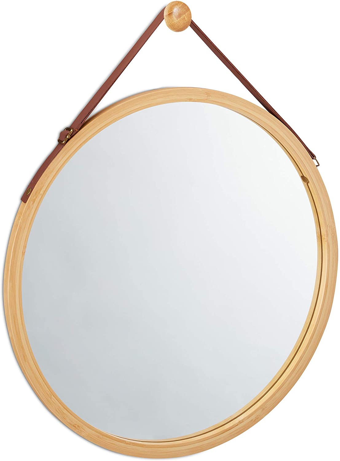 Hanging Round Wall Mirror 38 cm - Solid Bamboo Frame and Adjustable Leather Strap for Bathroom and Bedroom | Auzzi Store