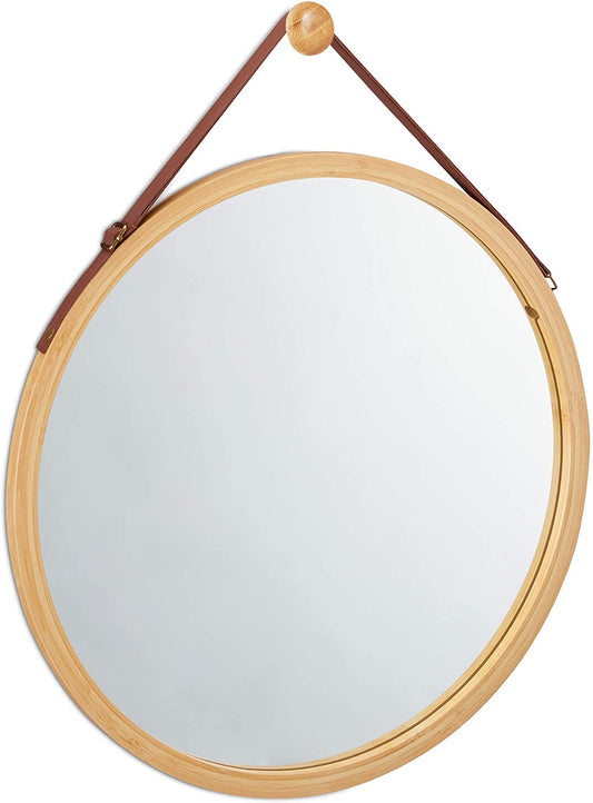 Hanging Round Wall Mirror 45 cm - Solid Bamboo Frame and Adjustable Leather Strap for Bathroom and Bedroom | Auzzi Store